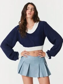 SHEIN EZwear Women's V-Neck Color Block Cropped Fitted Sweater In Blue And White, Autumn/Winter - Blue and White - View 1
