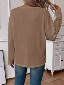 SHEIN LUNE 女式纽扣式华夫格针织长袖 T 恤，秋季 - 卡其色 - 查看 2