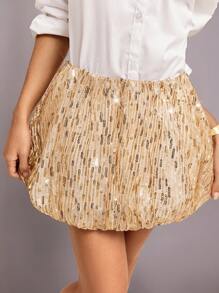 Poéselle Party Essentials Women's Gold Sparkle Sequin Low Waist Mini Bubble Hems Skirt Gold Skirt Fall Must-Have Glittery Bubble Hems Skirt Champagne Skirt Autumn Women's Clothing Wedding Party Guest Essential Back-To-School Season Skirt Carnival Costume Halloween Women's Outfit