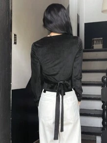 DAZY T-shirt noir à manches longues pour femmes, col en V, froncé, coupe slim, hauts pour femmes, vêtements d'automne pour femmes - Noir - Voir 5