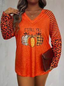 SHEIN LUNE Plus Size Women Slogan & Pumpkin Printed Long Sleeve Casual T-Shirt, Spring Autumn Fall Top