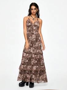 ROMWE Hippie Women's Bohemian Style Maxi Length Halter Neck Dress, Vacation