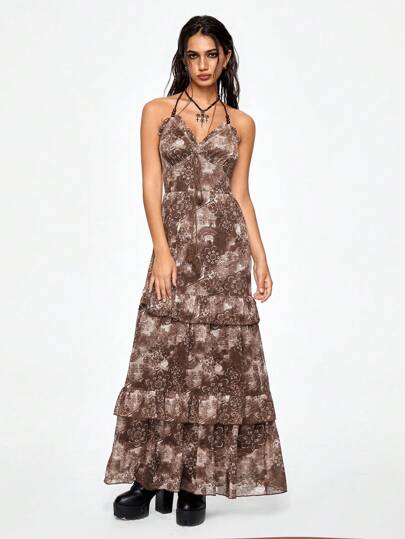 Hippie Women's Bohemian Style Maxi Length Halter Neck Dress, Vacation