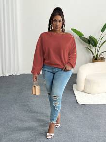 Slaydiva Sudadera con capucha con cuello asimétrico y botones de talla grande, elegante y casual, en color blanco sólido, para mujeres, otoño e invierno