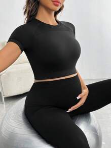 SHEIN Maternity Plain Crew Neck Ribbed Texture Short Sleeve Activewear Top - Black - View 1