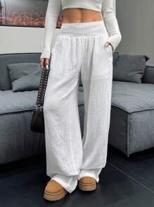 SHEIN EZwear Lässige einfarbige Crêpe-Schlupfhose mit geradem Bein - Weiss - Übersicht 5