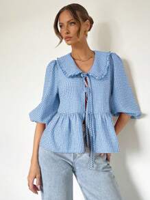 SHEIN Essnce Plus Size Women Plaid Ruffle Collar Button Front Blouse With Bow - Blue - View 4