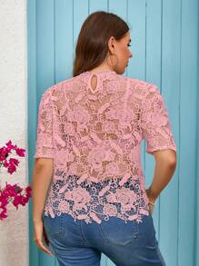 SHEIN Privé Áo cánh tay bồng ren tan trong nước thanh lịch, tinh tế, cỡ lớn, mùa hè, khoét sâu, vừa vặn, dành cho nữ - Bụi hồng - Xem 2