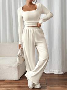 SHEIN Frenchy Bộ 2 áo len dệt kim cổ tròn tay dài màu trơn và quần âu thường ngày cho nữ, mùa xuân/thu - Màu be - Xem 5