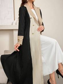 Al Najma Women's Elegant Conservative Collared Color Block Striped Patchwork Abaya, Elegant Maxi Full Length Blazer Jacket Outerwear Modest Long Sleeve Arabian Abayas, For Casual Daily/Travel/Holiday/Work/Evening Events - Black - View 1