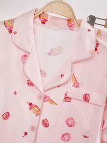 仿丝蛋糕和冰淇淋印花翻领短袖睡衣套装 - 彩色 - 查看 6