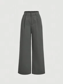 SHEIN MOD 女士纯色不对称下摆抹胸阔腿裤宽松套装，休闲秋季 - 灰色 - 查看 3