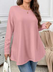Firerie 大码优雅休闲宽松长袖圆领纯色基本款分层荷叶边下摆 T 恤 - 粉色 - 查看 4