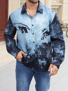 Manfinity LEGND Camisa casual de manga larga con botones y estampado manual para hombres de talla grande, otoño