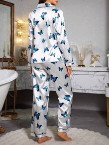 LuxeNights Faux Silk Butterfly Print Lapel Collar Long Sleeve Pajama Set Bridal-Lingerie, Fall Winter Clothes Cozy And Elegant Details - White - View 2