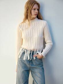 SHEIN Maija 女士休闲立领流苏下摆麻花针织毛衣秋冬季 - 白色 - 查看 5