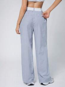 SHEIN EZwear Quần ống rộng túi kẻ sọc dệt màu xanh dành cho nữ - Màu xanh lam - Xem 4
