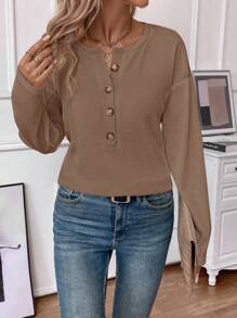 SHEIN LUNE 女式纽扣式华夫格针织长袖 T 恤，秋季 - 卡其色 - 查看 5