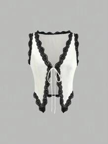SHEIN Unity Áo không tay thời trang buộc dây ren phía trước dành cho nữ, mùa hè - Màu be - Xem 1