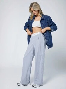 SHEIN EZwear Quần ống rộng túi kẻ sọc dệt màu xanh dành cho nữ - Màu xanh lam - Xem 2