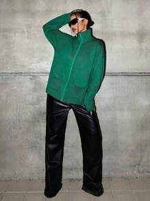 SHEIN ICON Oversized Metal Zipper Front Knitted Cardigan With Pockets, Contrast Color - Green - View 5