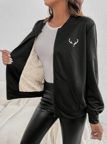 SHEIN Essnce Women's Graphic Print Thermal Lined Zip-Up Jacket - The Floral Design Is Copyrighted