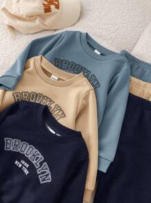 SHEIN Leap Crew Bộ 6 món/Bộ quần áo nỉ dài tay in chữ thời trang dễ thương cho bé trai và quần dài cạp chun, thích hợp mặc ở nhà và ngoài trời, mùa thu và đông - Màu xanh lam - Xem 7