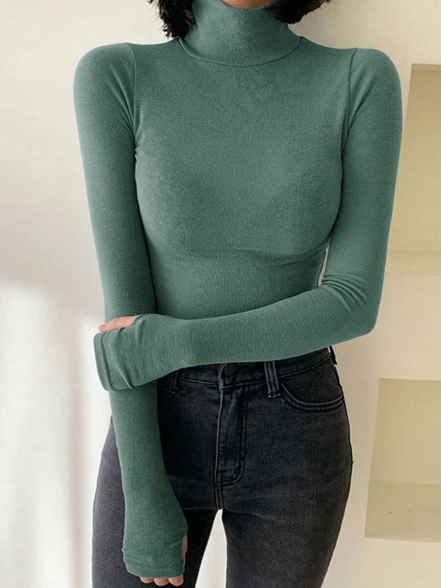 DAZY Bluză de toamnă și iarnă cu guler înalt, casual, slim fit, cu strat de bază, mânecă lungă, pentru femei, haine de toamnă pentru femei