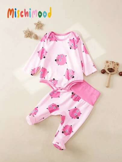 SHEIN 2 件装女婴可爱卡通印花长袖连体衣配长裤舒适睡衣套装，秋冬