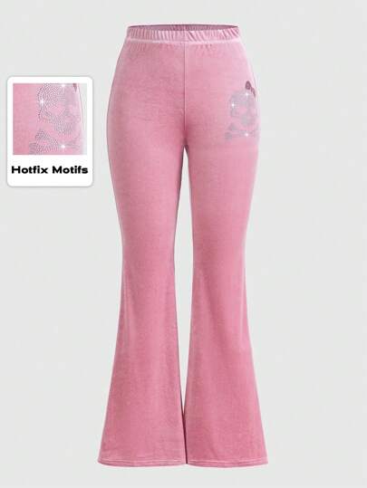 Kawaii Gyaru Letter & Figure Graphic Flare Leg Pants, School