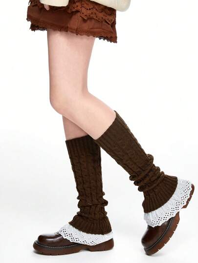 Fairycore زوج واحد من جوارب الساق ذات الكشكشة الدانتيل الكلاسيكية، جوارب الساق بالكبل بطراز Y2K، أربطة الساق الدافئة اليومية