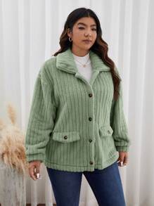 SHEIN Frenchy 秋冬大码纯色前扣长袖口袋休闲夹克 - 綠色 - 查看 4