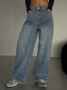 DAZY 女士休闲宽松斜口袋水洗阔腿宽松牛仔裤，秋季 - 藍色 - 查看 1