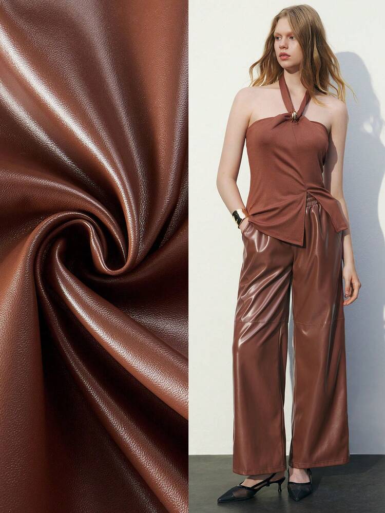 SHEIN Maija Brown Solid Color Tie Waist Pocket PU Leather Straight Loose Casual Pants, Spring/Summer