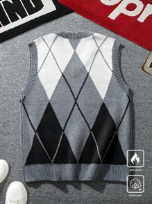 Manfinity Hypemode Chaleco de punto informal con cuello en V y estampado de argyle bicolor para hombre en otoño/invierno