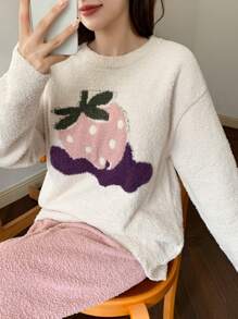 DAZY Cute Strawberry Pattern Half-Fleece Jacquard Warm Sleepwear Set Pajama