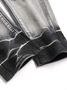 Manfinity LEGND Men's Front Button Pocket Frayed Hem Print Casual Denim Jeans, Frayed Jeans Plain Slim Fit Long Light Grey Acid Wash Cargo Jeans, For Husband, Boyfriend Gifts