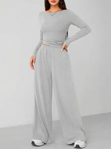 SHEIN PETITE 秋冬女针织修身上衣+阔腿裤休闲舒适家居深灰色两件套 - 淺灰色 - 查看 7