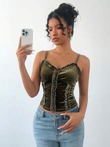 Chiquease Sexy Green Cami Top With Ruffle Trim And Ruched Details, Shiny Fabric, Cropped Length, Wear Outerwear, Spring Summer - Green - View 1