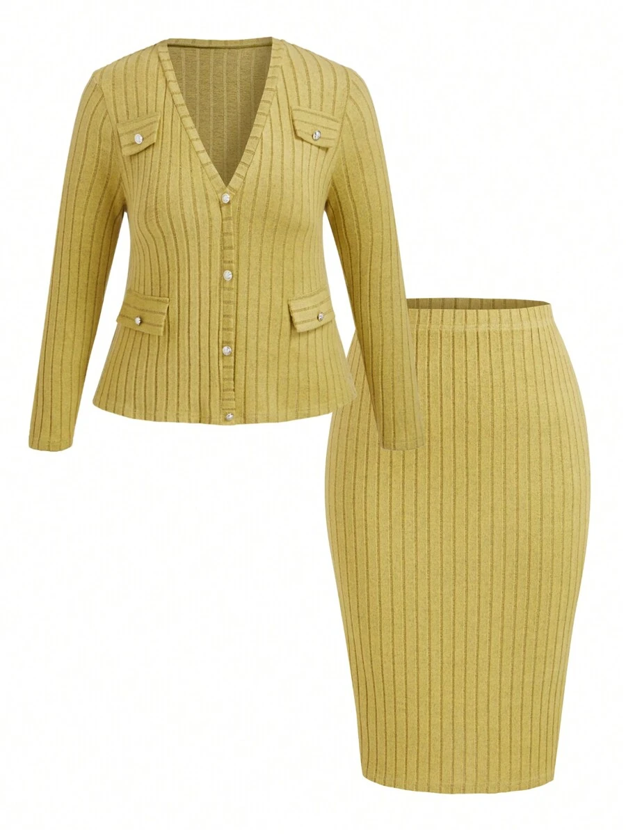 SHEIN Clasi Plus Size Solid Color Front Button Long Sleeve Faux Pocket Simple Blouse And Mini Skirt Set - Mustard Yellow - View 1