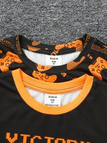 SHEIN 4pcs Young Boy Casual Crewneck Long Sleeve T-Shirt And Pants Snug Fit Loungewear Set - Orange - View 3