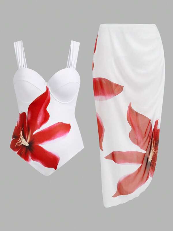 Swim Oasis Plus Size Women Floral Print One-Piece Swimsuit And Cover-Up Skirt Set Summer
