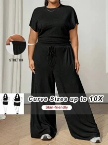 SHEIN CURVE+ 2pcs Plus Size Textured Knit T-Shirt And Drawstring Waist Pants Set, Casual - Black - View 3