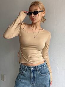 DAZY 女士纯色系带露肩时尚春秋T恤长袖女上衣 - 卡其色 - 查看 6
