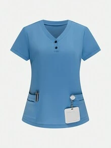 SHEIN TaskFit V 领短袖 3 色双口袋休闲制服手术服上衣衬衫、手术服、健康检查手术服制服手术服上衣女士纯色宠物美容工作服手术服上衣套装营养师工作服短袖实验室工作服 - 彩色 - 查看 4
