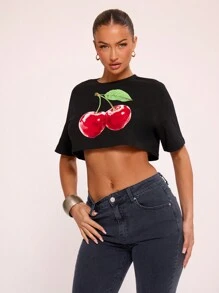 MUSERA 女士樱花印花露脐短袖T恤 秋季图案T恤 - 黑色 - 查看 1