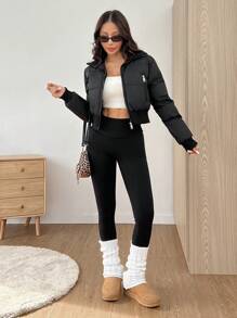 SHEIN EZwear Áo khoác đệm lót phía trước có khóa kéo màu trơn dành cho nữ vào mùa thu/đông - màu đen - Xem 6