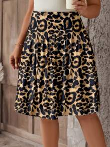 SHEIN LUNE Plus Size Leopard Print Pocket Pleated Skirt, Casual Holiday - Multicolor - View 1