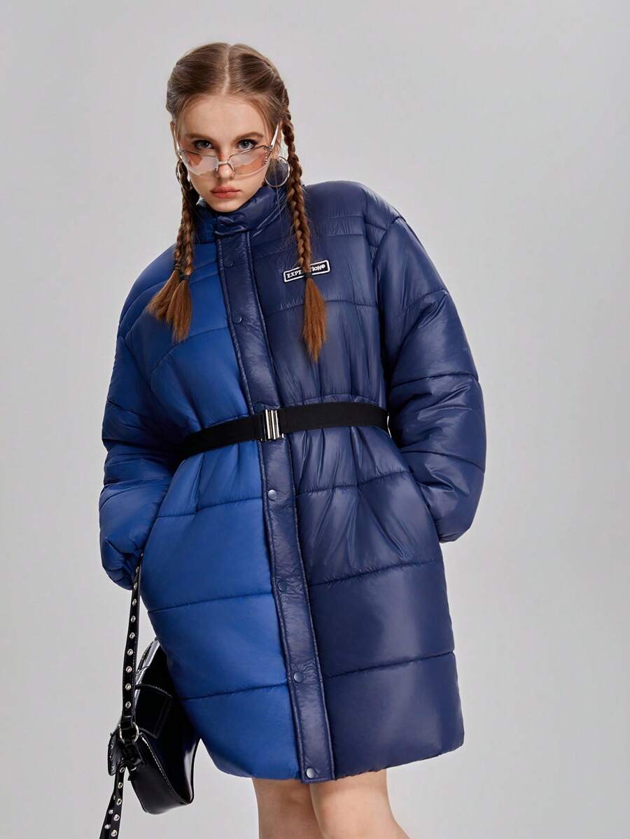 SHEIN Teen Girls Patchwork Casual Loose Fit Long Padded Padded Coat With Adjustable Waist Belt - Multicolor - View 1
