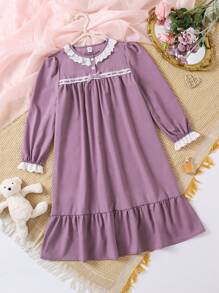 Tween Girls Elegant Lace Trim Long Sleeve Long Nightgown Loungewear - Purple - View 6